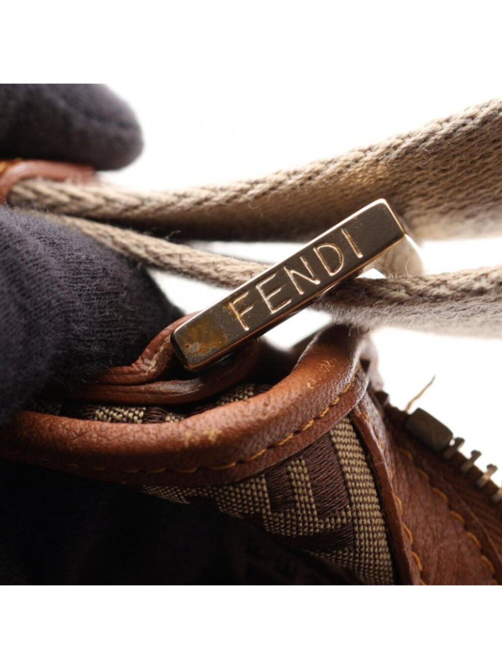 Fendi Shoulder Bag Zucchino Beige Brown Canvas Leather - Picture 8 of 12